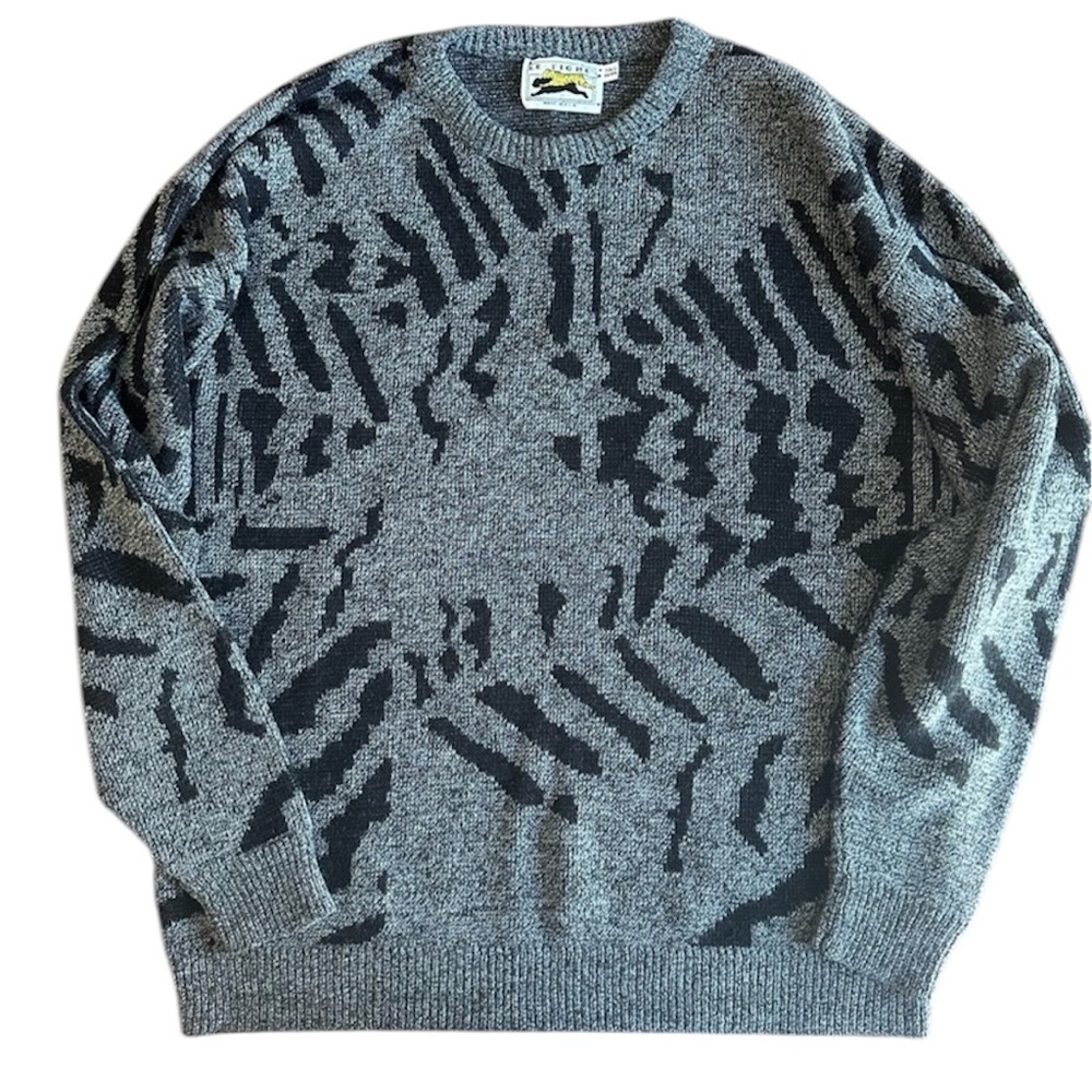 Vintage VTG 80s Oversized Le Tigre Grey Abstract Animal Crew Sweater MENS XL